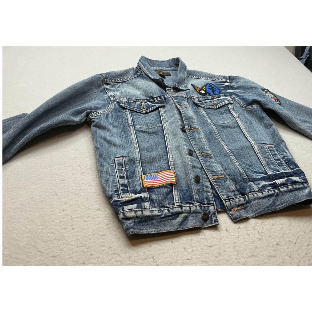 Ring of Fire Denim Jacket Snake American Flag Patches Blue Trucker Mens L